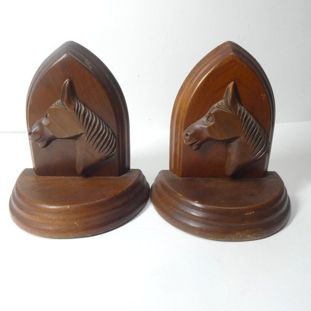 Horse Head Bookends Pair Walnut Wood Blecher USA Vintage MCM Deco